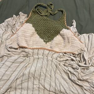 Free People Crocet Green and Cream Crochet Halter Top Maxi Dress